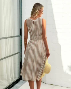 Clearance Rafiya Dress - Tan Stripe Cut Out Dresses|Midi Dresses