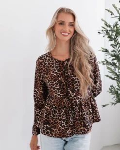New Saveria Top - Brown Print Long Sleeve Tops|Casual Tops