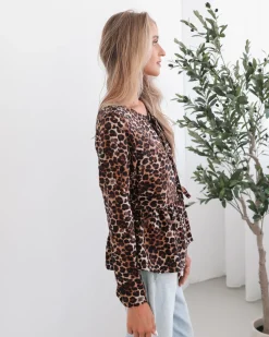 New Saveria Top - Brown Print Long Sleeve Tops|Casual Tops