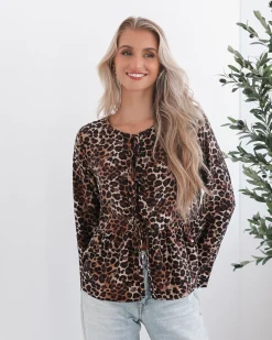 New Saveria Top - Brown Print Long Sleeve Tops|Casual Tops