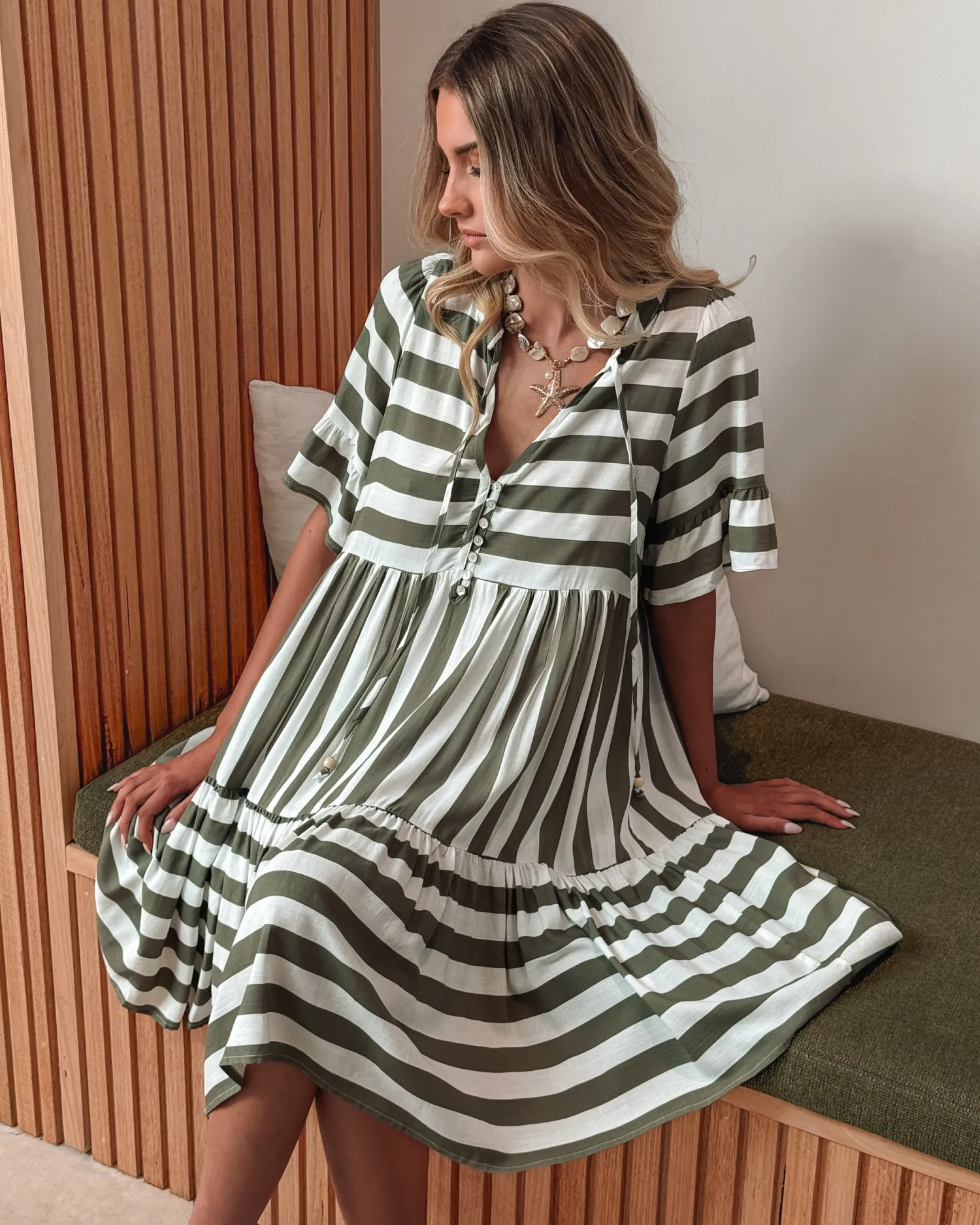 Outlet Serah Dress - Khaki Stripe Curve Dresses|Maternity Dresses
