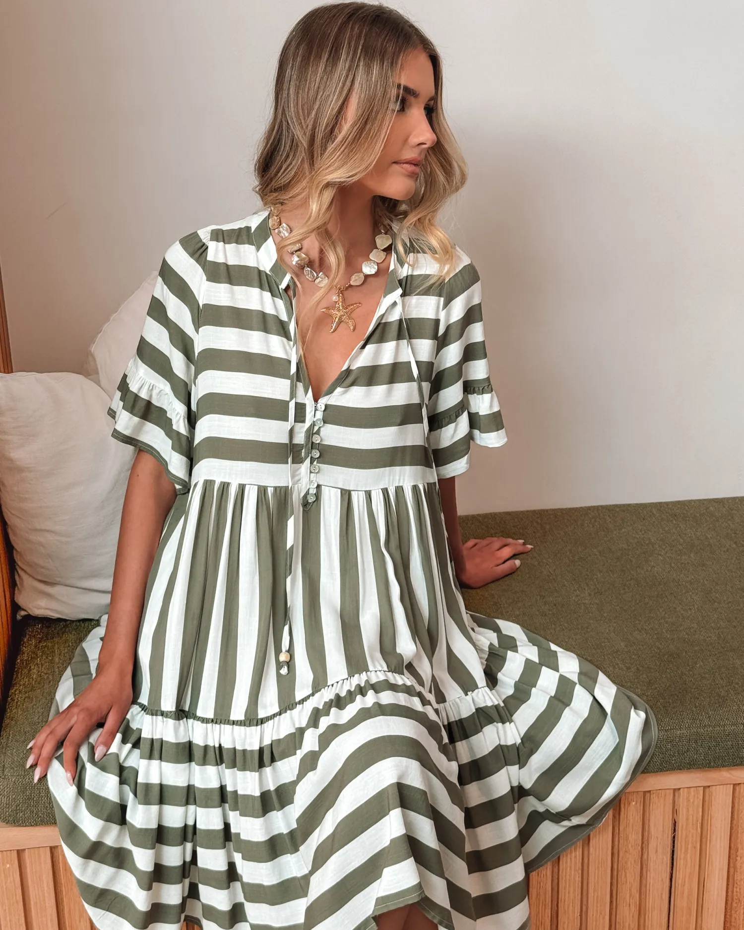 Outlet Serah Dress - Khaki Stripe Curve Dresses|Maternity Dresses