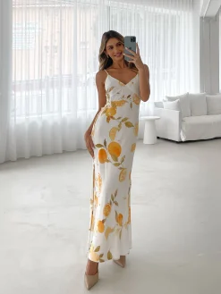Discount Shaela Dress - Yellow Print Slip Dresses|Maxi Dresses