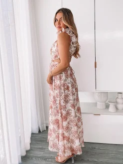 Hot Shanta Dress - Peach Floral Floral Dresses|Cut Out Dresses
