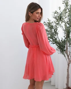 Outlet Solindra Dress - Coral Cut Out Dresses|Long Sleeve Dresses