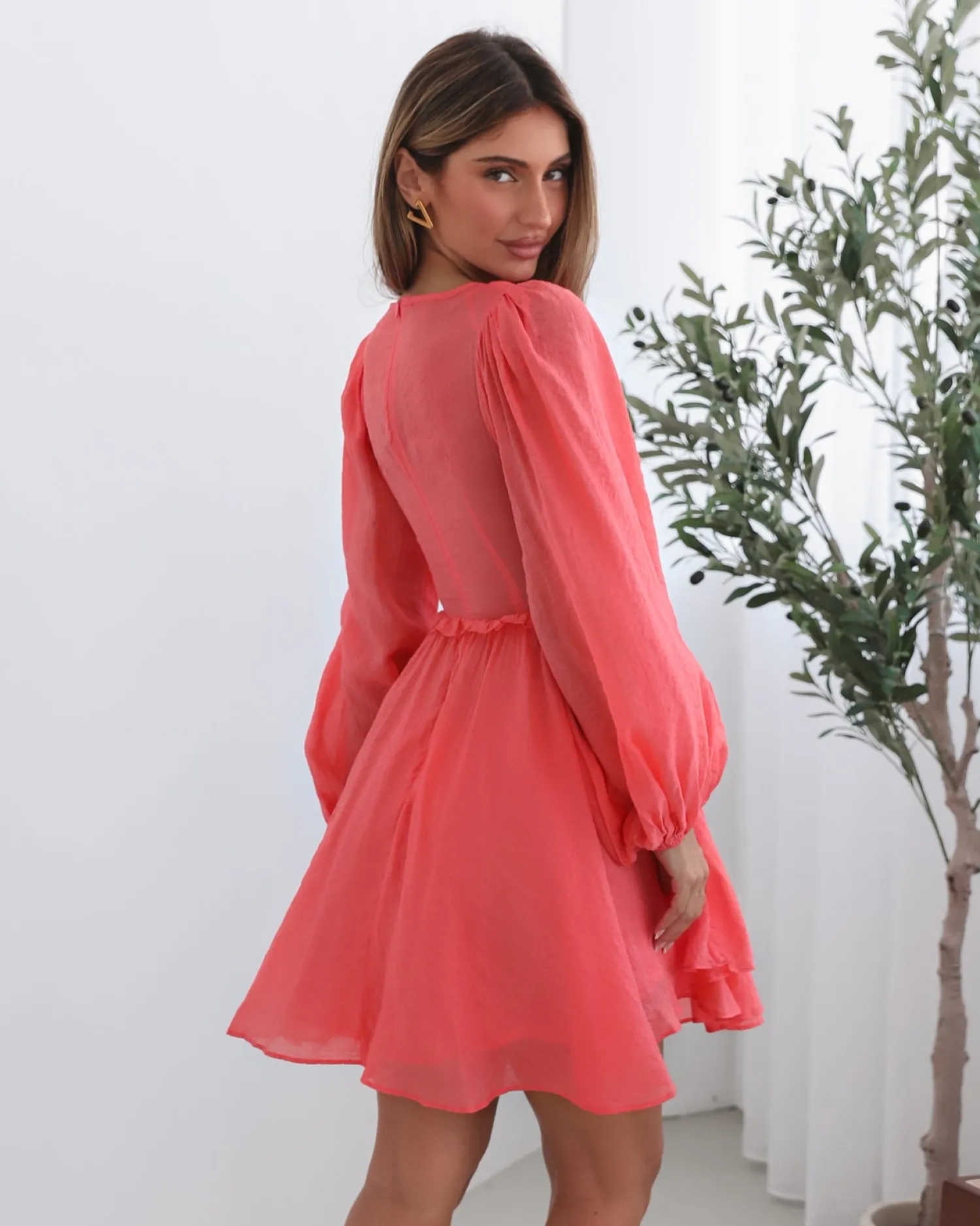 Outlet Solindra Dress - Coral Cut Out Dresses|Long Sleeve Dresses