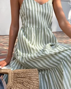 Hot Sona Dress - Khaki Stripe Linen Dresses|Curve Dresses