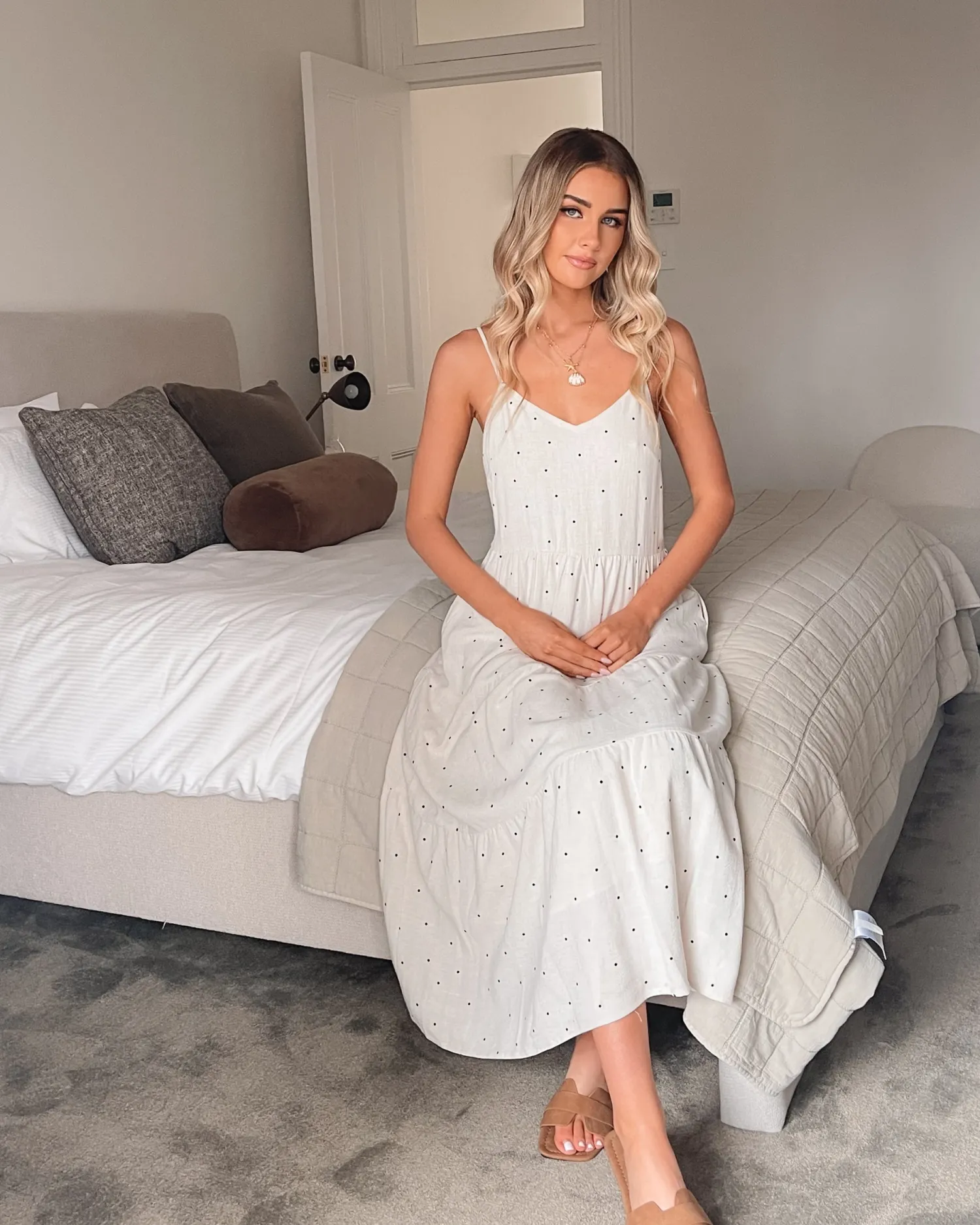 Outlet Sona Dress - Oatmeal Spot Linen Dresses|Spot Dresses