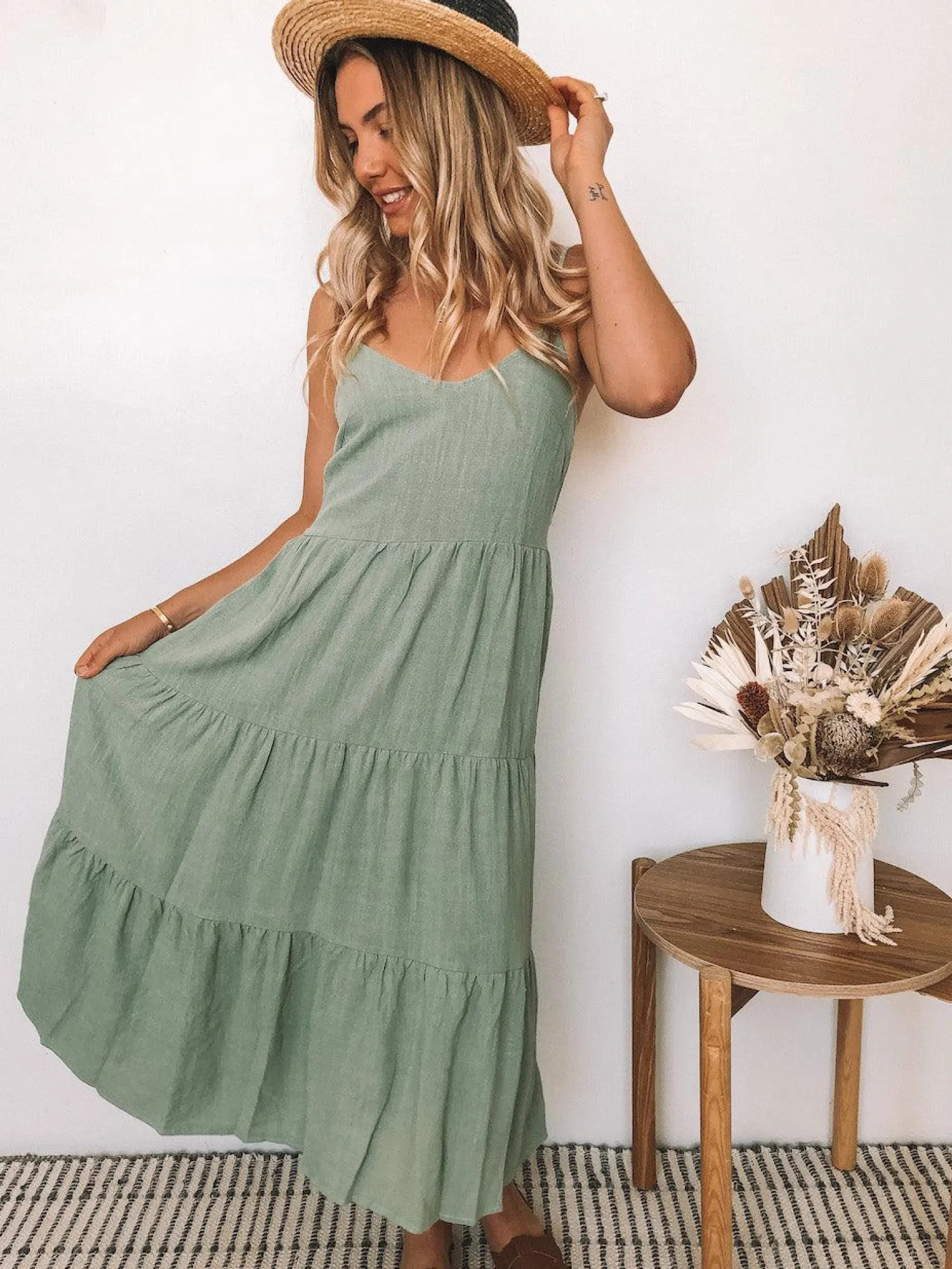 Clearance Sonya Dress - Khaki Linen Dresses|Shift Dresses