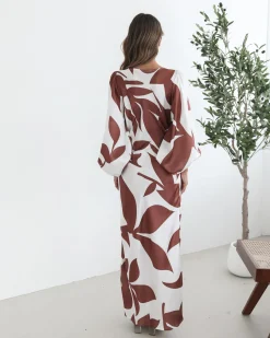 Clearance Surendra Dress - White Print Satin Dresses|Long Sleeve Dresses