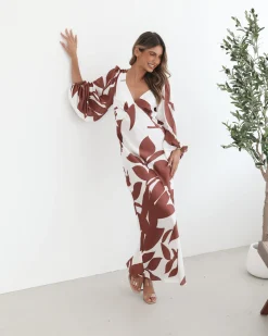 Clearance Surendra Dress - White Print Satin Dresses|Long Sleeve Dresses
