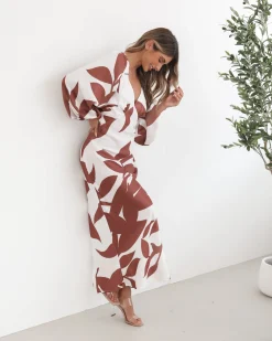 Clearance Surendra Dress - White Print Satin Dresses|Long Sleeve Dresses