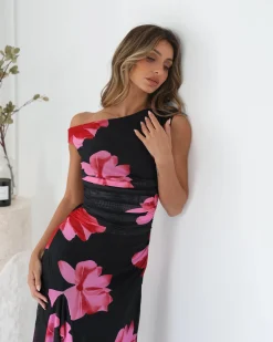 Clearance Tivara Dress - Black Floral Floral Dresses|Off The Shoulder Dresses
