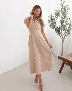 Zorina Dress - Beige Shirt Dresses|Midi Dresses