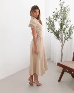 Zorina Dress - Beige Shirt Dresses|Midi Dresses