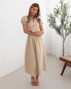 Zorina Dress - Beige Shirt Dresses|Midi Dresses