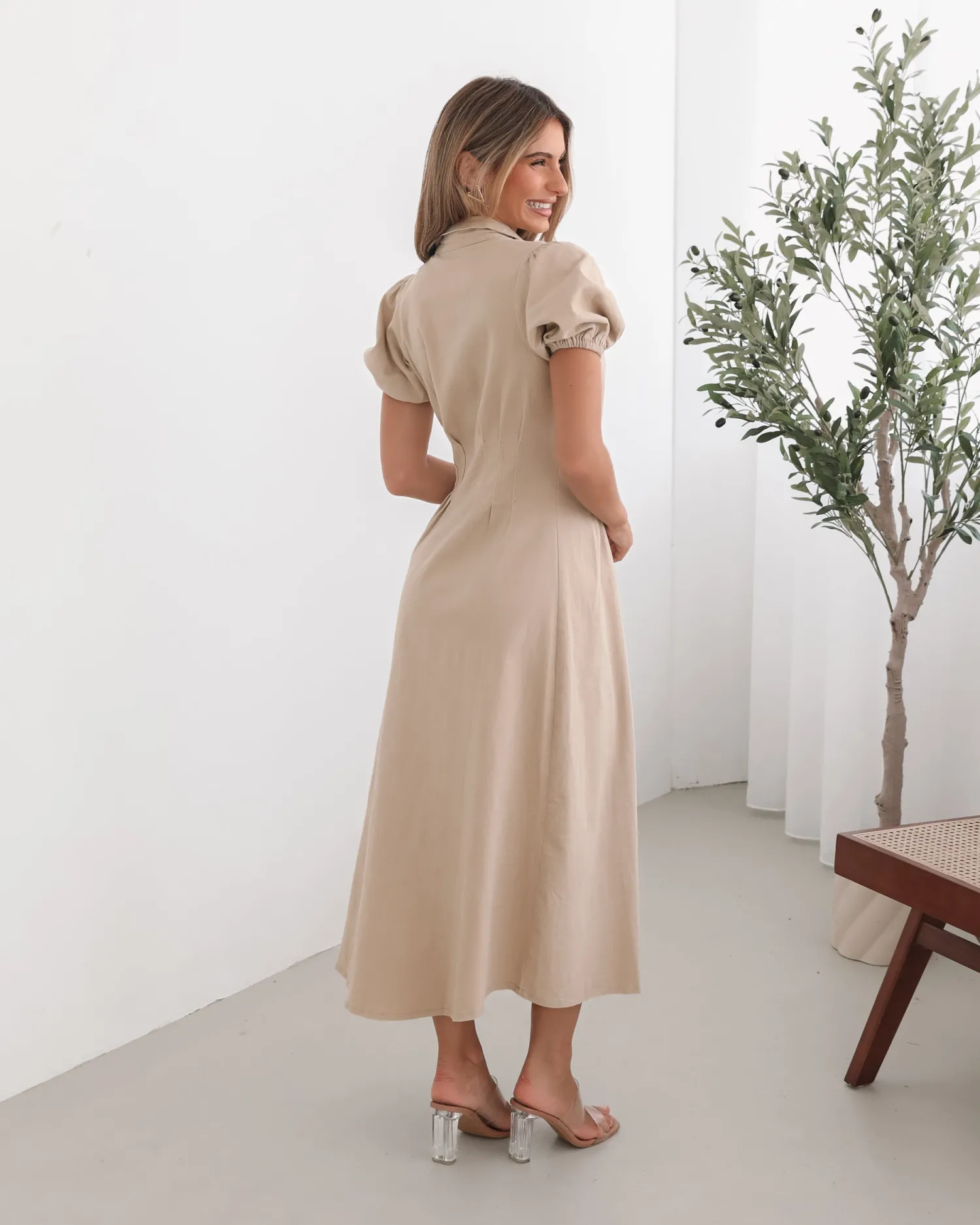 Zorina Dress - Beige Shirt Dresses|Midi Dresses